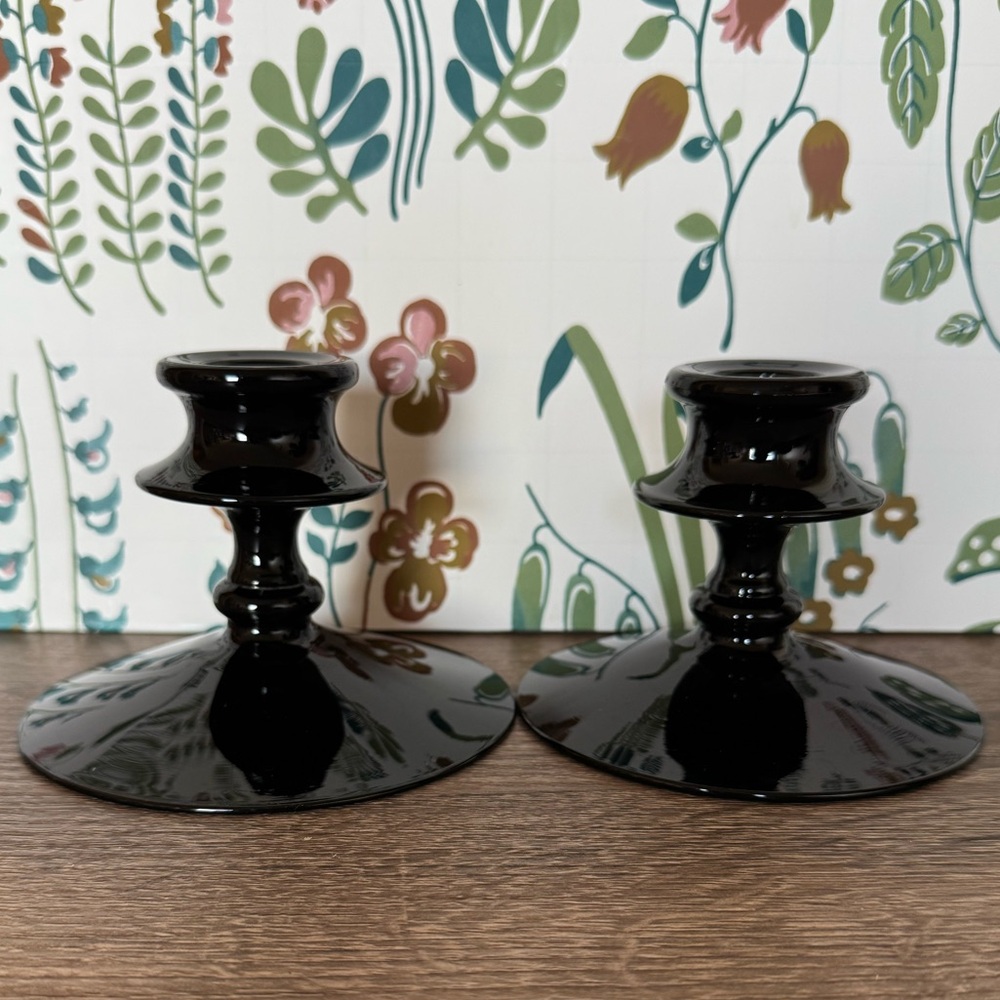 Vintage Fostoria Ebony Black Amethyst Glass Candlestick Holders